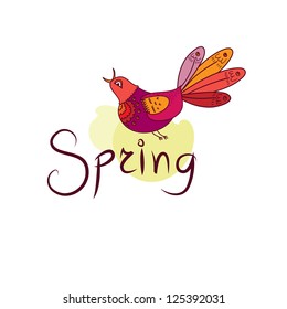 Spring Word, Isolated On White Background, Vector Illustration, Illustration with bird. Spring word look like logo. Bright spring.
