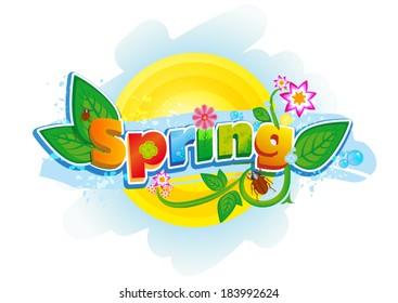Spring word, leaves, flowers, bugs