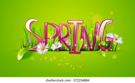 Spring word. Letters made with camomile flowers and green grass on green background. Floral banner. Vector illustration