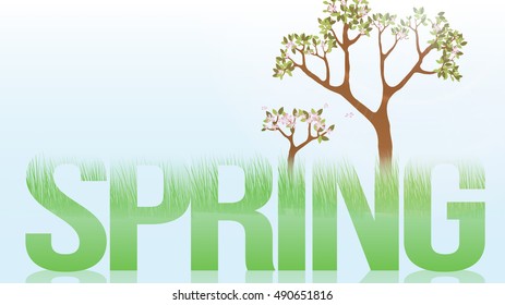 Spring Word with Lush Grass and Blooming Trees  - Vector Illustration