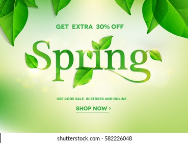 Spring Word On Natural Green Background.Spring Sale.Vector Illustration EPS10