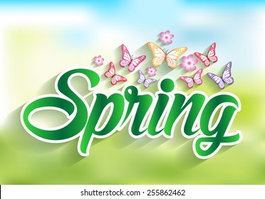 Spring Word Paper Cut With Flowers & Butterflies. Vector Illustration