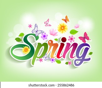 Spring Word Paper Cut With Flowers & Butterflies. Vector Illustration