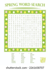 Spring Word Search Puzzle with Answers, Fun Activity Game, Kids and Adults, Promo, Promotion, Invitation, Illustration,  Flowers, Green, Yellow, Pink