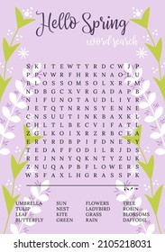 Spring word search puzzle with flowers. Logic game for learning English words.  Printable party card. Educational game. Crossword suitable for social media post. crossword, trivia, activity card. 