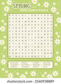 Spring word search puzzle game on a daisy background worksheet. Printable family activity for spring season. Educational game for children and adults, learning English vocabulary