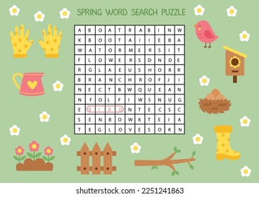 Spring word search puzzle for kids. Funny brain teaser for children.