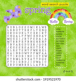 Spring word search puzzle with rainbow and bird. Logic game for learning English words.  Educational game for kids.  Crossword suitable for social media post. Сolorful worksheet. 