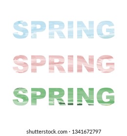 Spring word set. Pink, blue and green textured word "spring", vector image. Isolated wihout background.