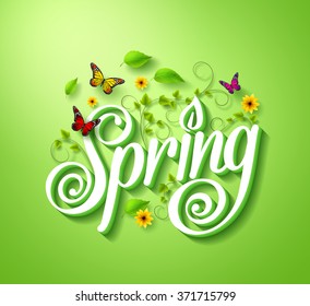 Spring Word Typography Concept in 3D with Flying Butterflies, Plants Vines, Leaves and Flowers Decoration in Green Background. Realistic Vector Illustration 