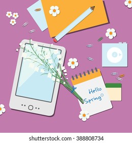Spring workspace illustration with flowers and stationery