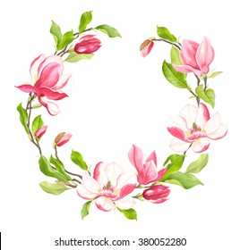 Spring wreath of blooming branches magnolia, vector illustration.