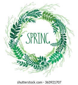 Spring wreath with branches and leaves or plants. Vector hand drawn branches on round frame