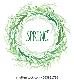 Spring wreath with branches and leaves. Vector hand drawn tree branches set, branches on round frame