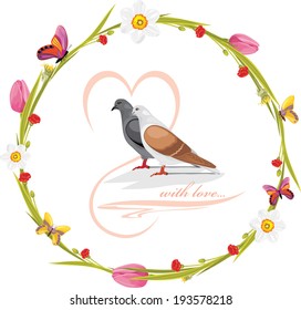 Spring wreath with butterflies and loving doves. Vector