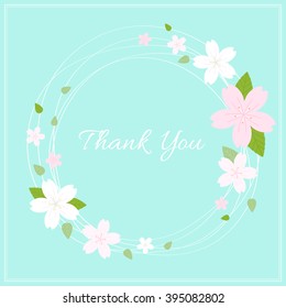 Spring wreath with cherry blossom on light green background for thank you card
