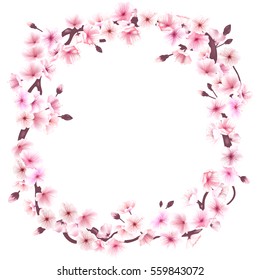 Spring wreath with cherry blossoms. Place for text. Ume, hanami, Chinese New Year, Spring Festival, sakura flowers, Valentine's Day