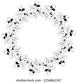 Spring wreath of cherry blossoms. Round frame with space for text. Template for postcard, invitation card, banner. Vector illustration on transparent background