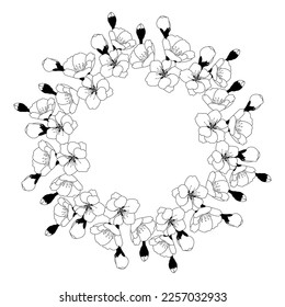 Spring wreath of cherry blossoms. Round frame with space for text. Template for postcard, invitation card, banner. Vector illustration on transparent background