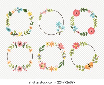 Spring wreath collection. Six seasonal floral decorative wreaths, perfect for bullet journals and frames. Isolated vector elements.