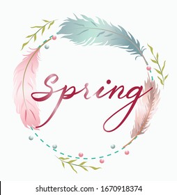 Spring wreath with colorful feathers. Place for text. Vector