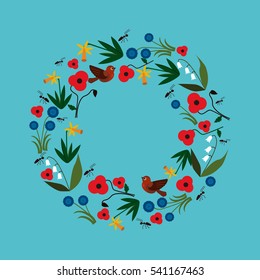 The spring wreath with cornflowers, daffodils, poppies, lily of the valley, ants and robin bird. Vector illustration.