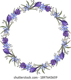 Spring wreath crocus scilla, hand drawing with elements of doodling.