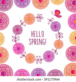 Spring wreath of decorative flowers with butterflies. Greeting card. Congratulation. Elements for mother's day, birthday, wedding. Doodles, sketch for your design. Vector illustration.