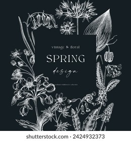 Spring wreath design. Wildflower sketches on chalkboard. Floral cards, wedding invitations, wild flower background. Hand-drawn vector illustration, NOT AI generated