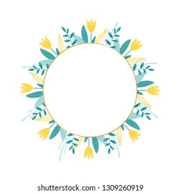 Spring wreath, different flowers and plants. Place for text. Vector illustration. Ready design for poster, flyer, greeting card or banner.
