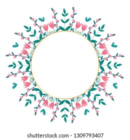 Spring wreath, different flowers and plants. Place for text. Vector illustration. Ready design for poster, flyer, greeting card or banner.
