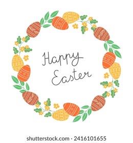 Spring wreath of Easter eggs and colorful flowers