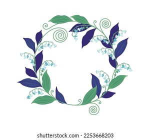 Icono de la corona de primavera Lilies del valle y hojas marco. Ilustración del vector