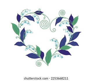 Spring wreath flat icon Lilies of valley and leaves frame. Vector illustration
