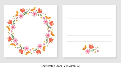 Spring wreath with flowers and butterflies. International Women's Day. March 8. Mothers Day. Double sided greeting card, invitation, sale, label, wedding, birthday. Decorative vector round frame.