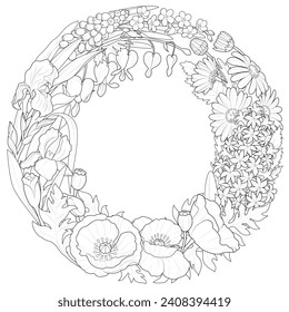 Spring wreath with flowers. Hand drawn floral frame with flowers, branch and leaves. Elegant Wreath template. Black and white for Coloring page, labels, wedding invitation. Vector illustration 
