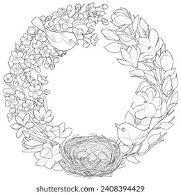 Corona de primavera con flores y pájaros anidantes. Marco floral dibujado a mano. Árbol de manzanas y magnolia en flor. Blanco y negro para la página de Colores, etiquetas, invitación a la boda. Ilustración del vector