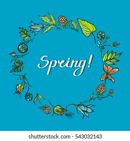 Spring! Wreath with forest plants. Greeting card. Invitation. Geum Rivale, cloudberries, fern, bellflower. Hand drawn. Vector illustration.
