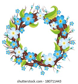 spring wreath with forget me not flowers and green leaves on the branch