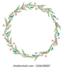 Frühjahrskranz mit Blättern und rosafarbenen Blumen. Grußkartenrunde Vorlage mit Vintage-Elementen Doodle Illustration. Flache Vektorgrafik