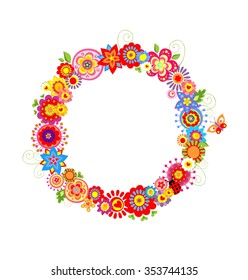 Spring wreath with funny flowers