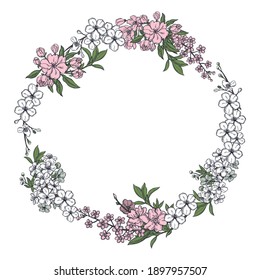 Spring wreath with hand drawn  flowers. Vector   illustration.