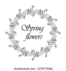 Spring wreath of lily of the valley flowers. Hand drawn vector botanical illustration