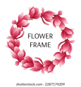 Spring Wreath of Magnolia Flowers  Isolated on White Background. Vector Illustration. Trendy Design Template. 