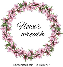 Spring wreath of pink flowers for congratulations and invitations. Vector illustration of almond and sakura flowers for International Women's Day.