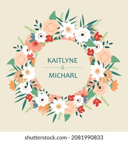Spring wreath poster. Stylish images with flowers. Graphic elements for website. Modern design of postcards, invitation and greeting cards. Wedding decoration. Cartoon flat vector illustration