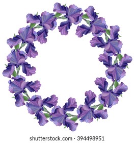 Spring Wreath. Purple Iris vector illustration. Floral Frame. Circle border.