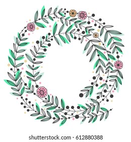 Spring wreath from silhouettes of leaves and flowers with the addition of color