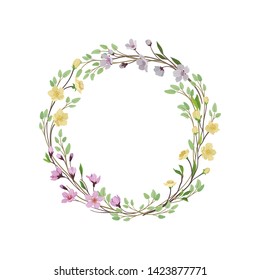 Spring wreath of thin branches and young leaves. Vector illustration on white background.