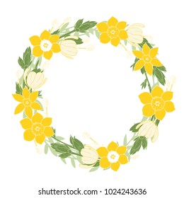 Spring wreath with tulips and daffodils. Vector illustration.